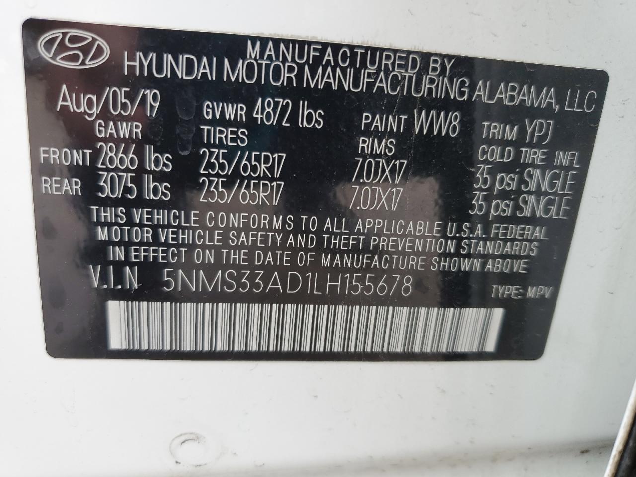 2020 Hyundai Santa Fe Sel VIN: 5NMS33AD1LH155678 Lot: 55355165