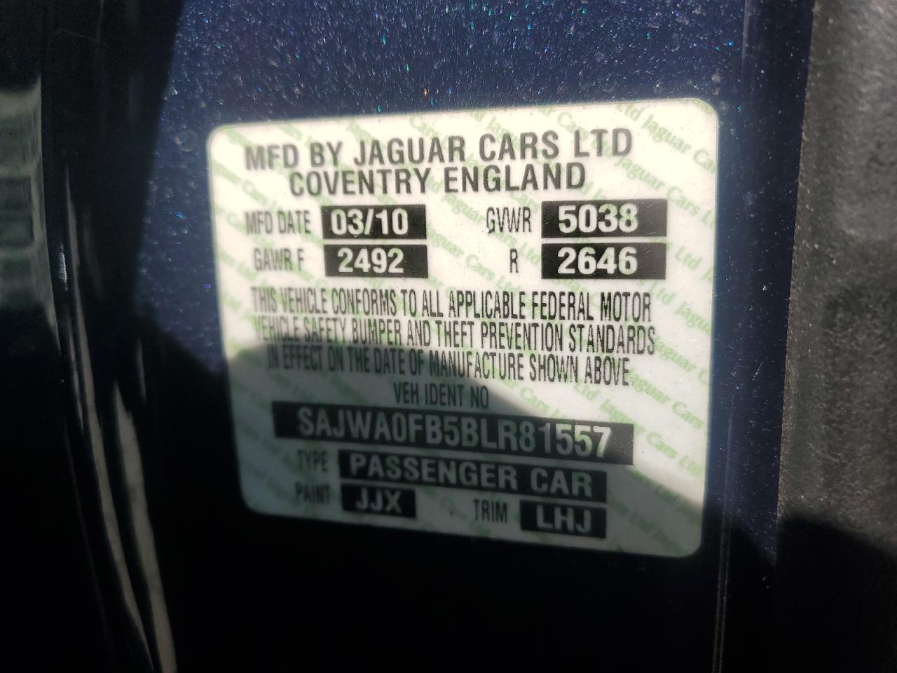 2011 Jaguar Xf VIN: SAJWA0FB5BLR81557 Lot: 51156365