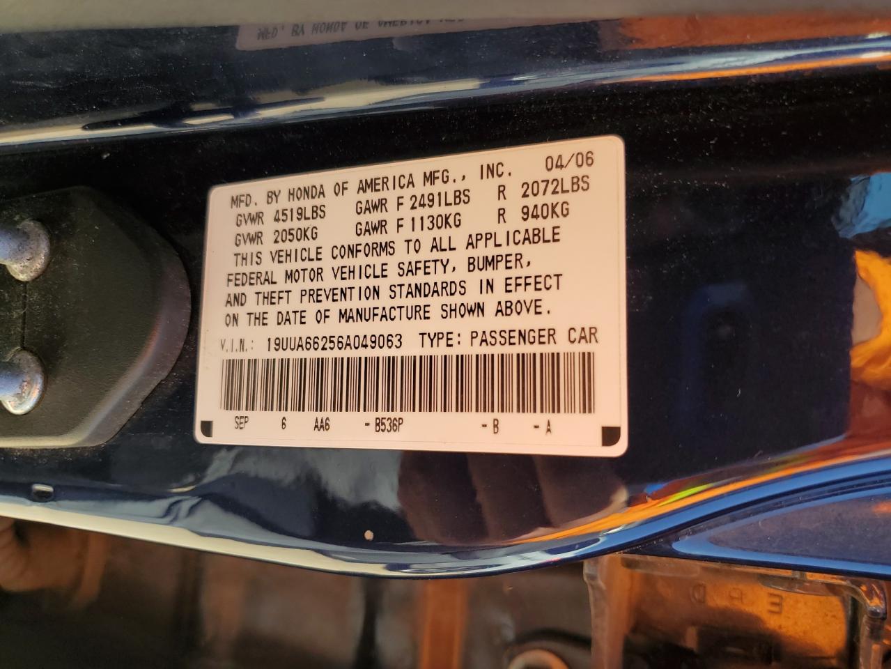 2006 Acura 3.2Tl VIN: 19UUA66256A049063 Lot: 52243185
