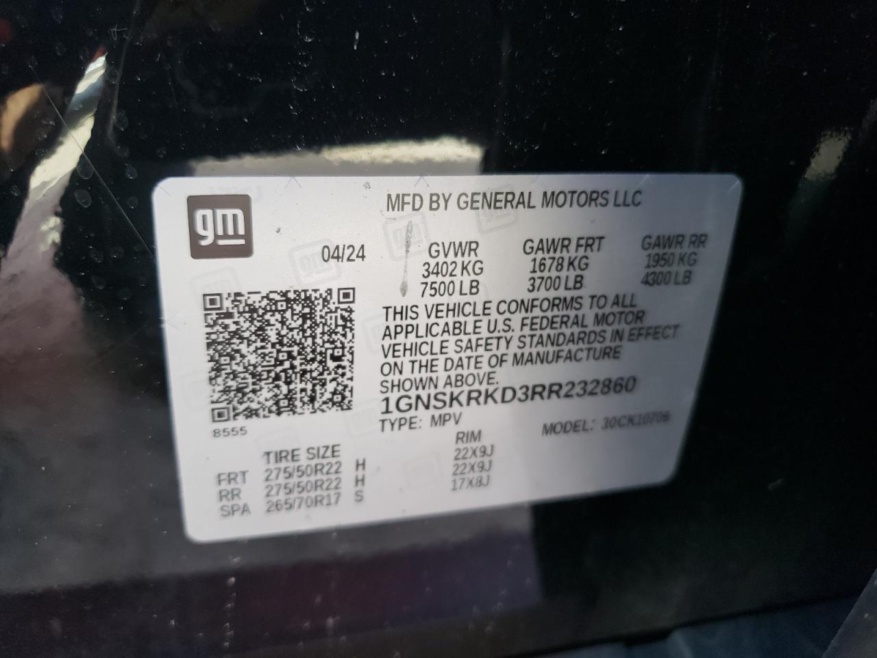 2024 Chevrolet Tahoe K1500 Rst VIN: 1GNSKRKD3RR232860 Lot: 51743615