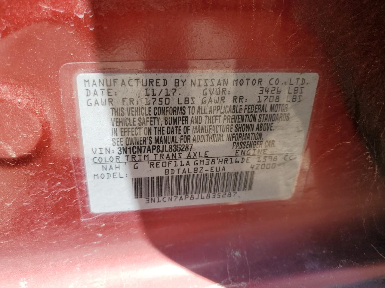 3N1CN7AP8JL835287 NISSAN VERSA 2018