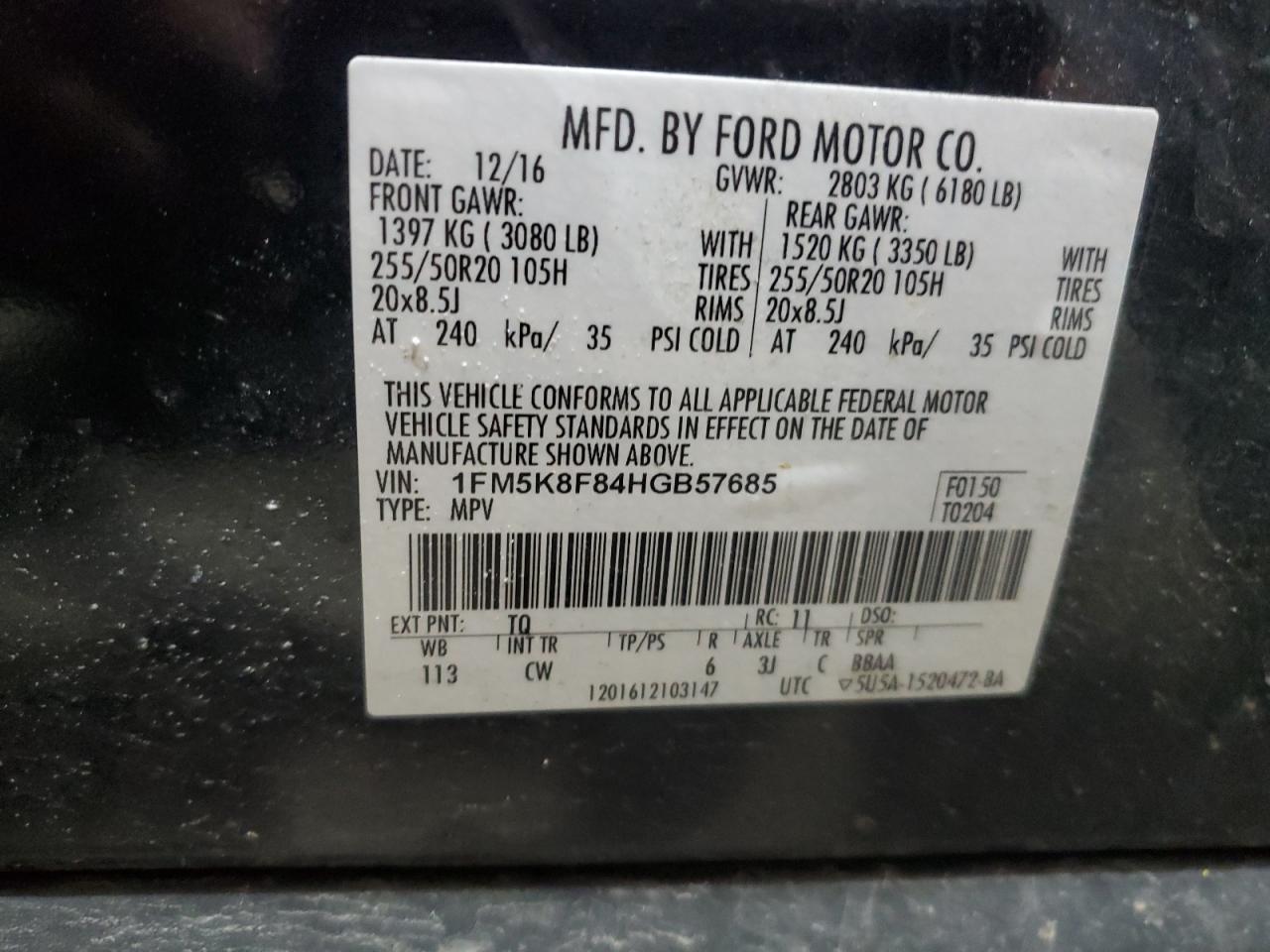 1FM5K8F84HGB57685 FORD EXPLORER 2017