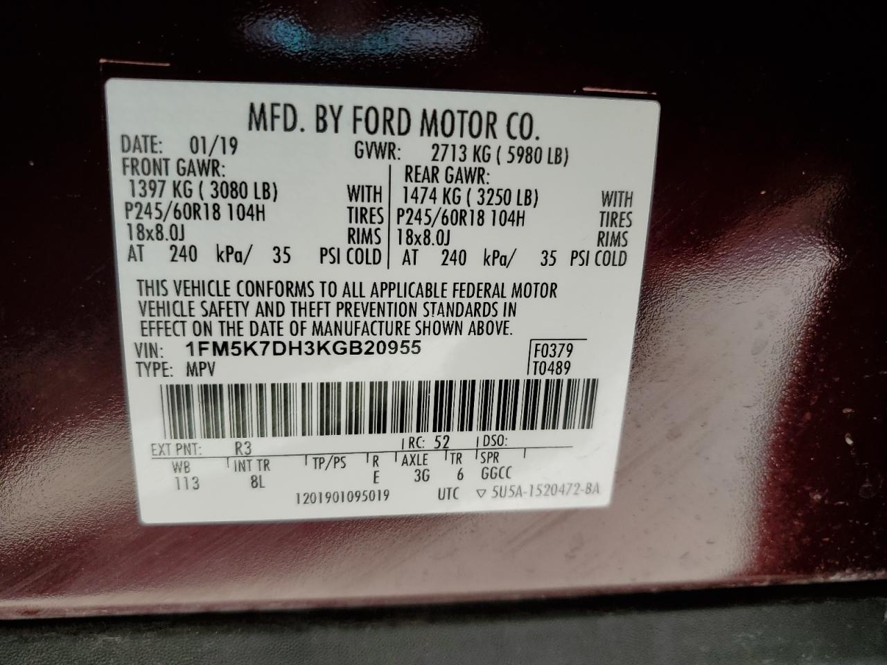 1FM5K7DH3KGB20955 FORD EXPLORER 2019