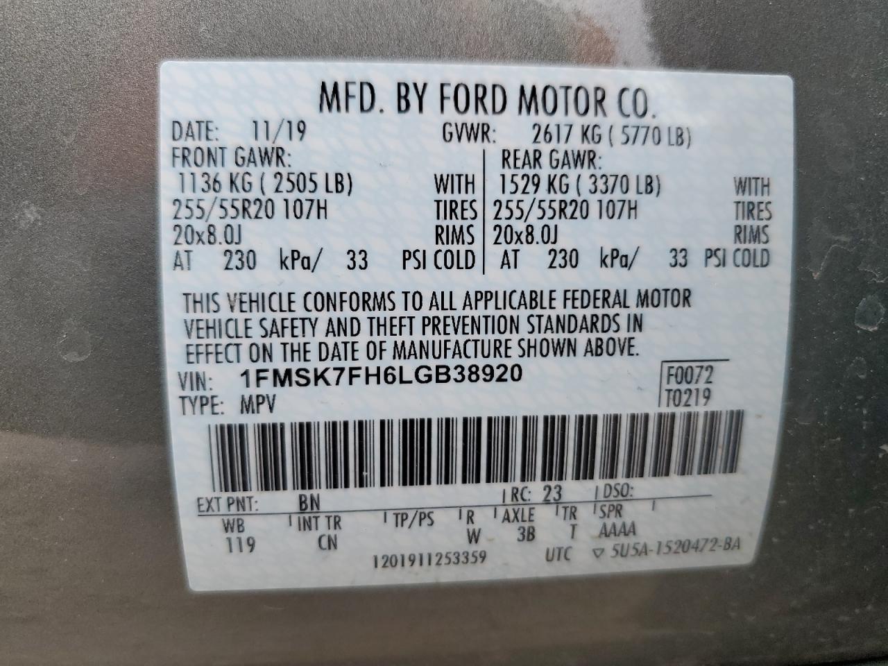 1FMSK7FH6LGB38920 FORD EXPLORER 2020