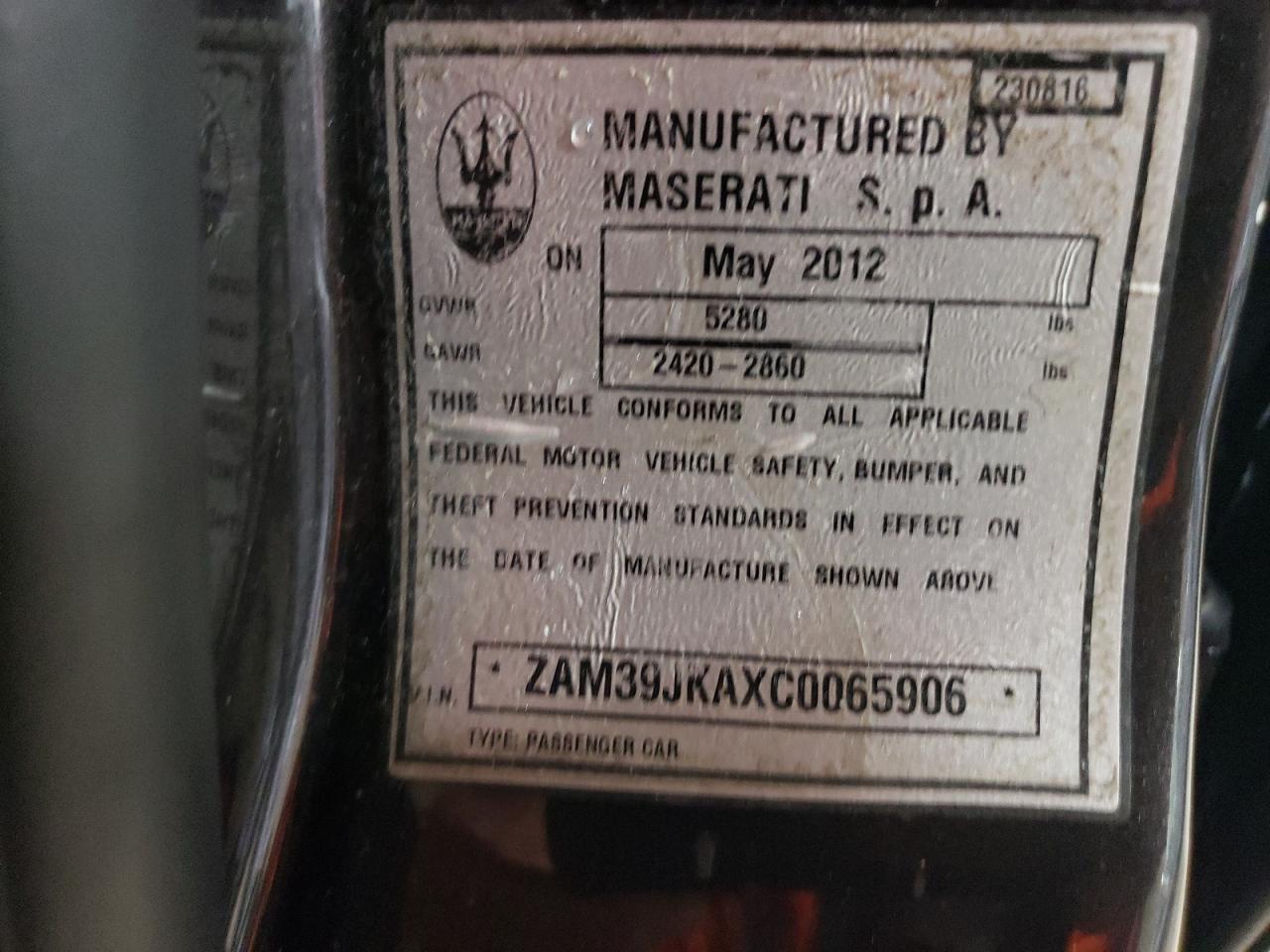 2012 Maserati Quattroporte S VIN: ZAM39JKAXC0065906 Lot: 52009945