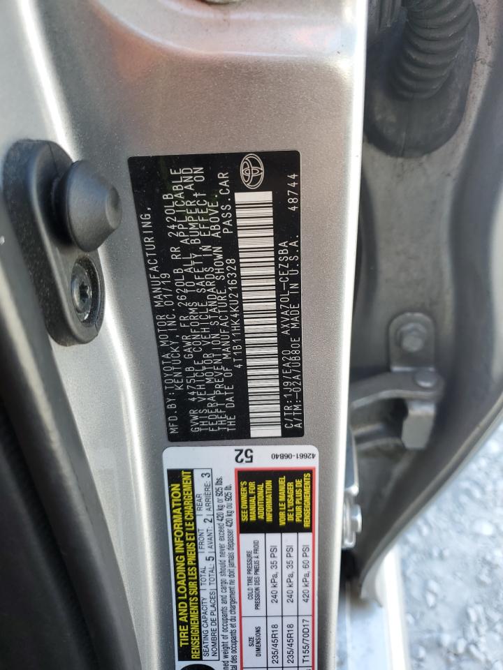 4T1B11HK4KU216328 TOYOTA CAMRY 2019