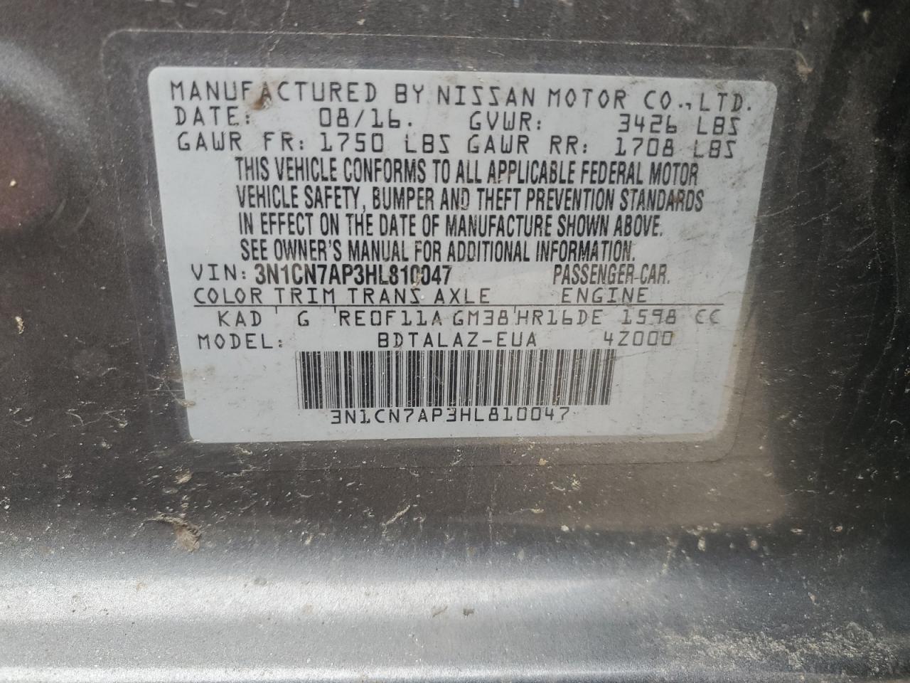 3N1CN7AP3HL810047 NISSAN VERSA 2017