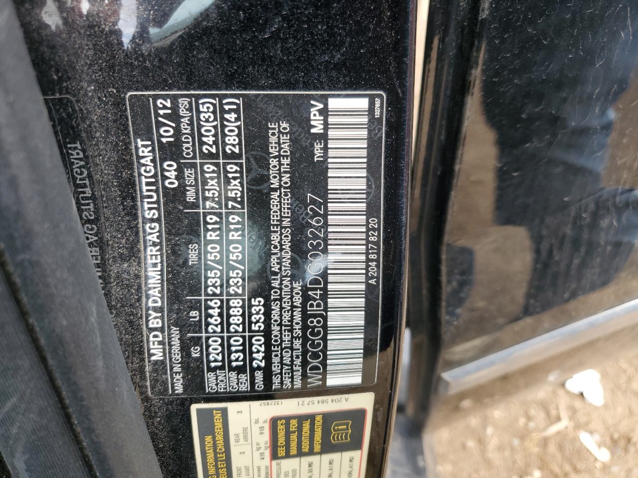 2013 Mercedes-Benz Glk 350 4Matic VIN: WDCGG8JB4DG032627 Lot: 54007985