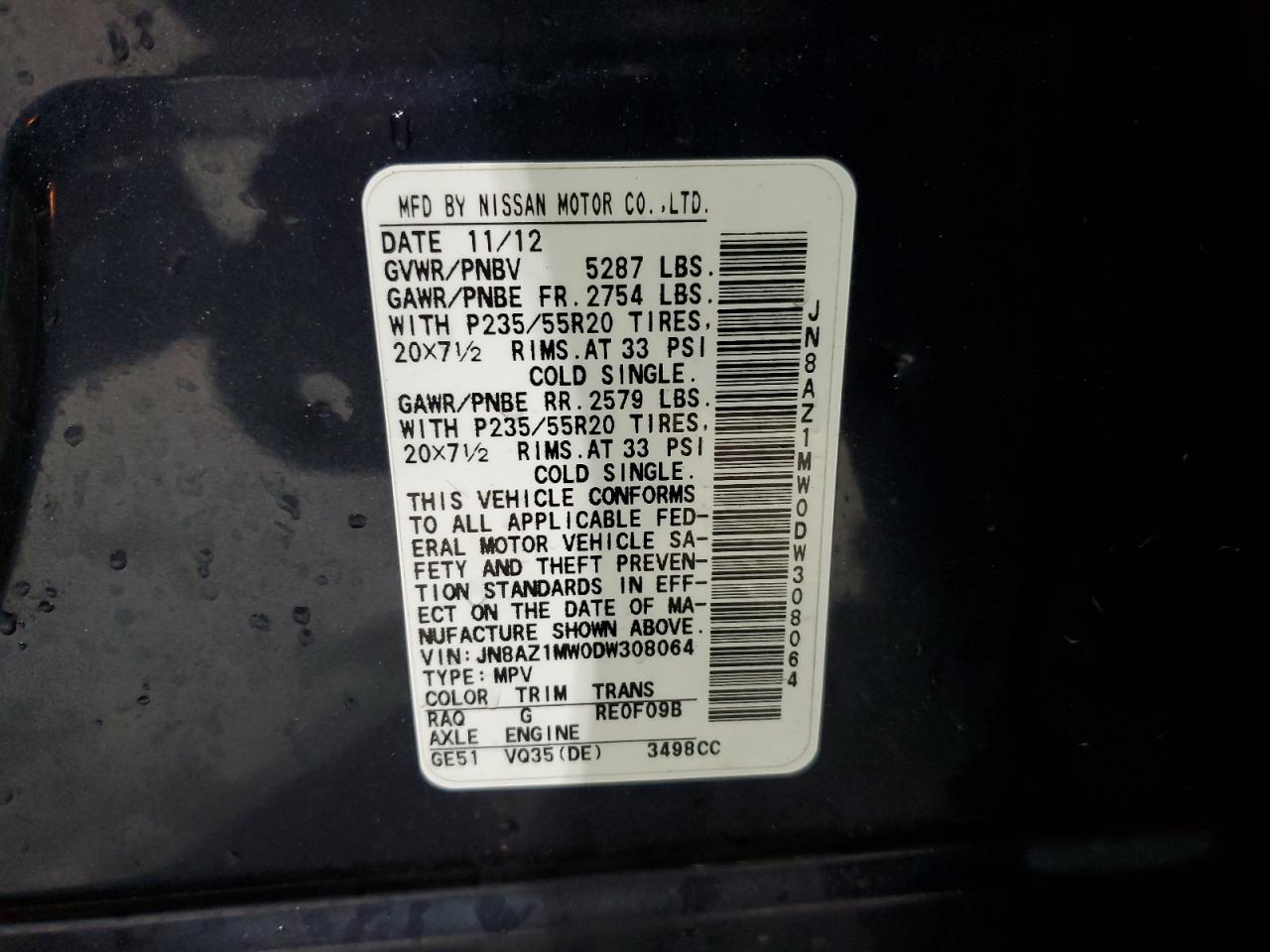 2013 Nissan Murano S VIN: JN8AZ1MW0DW308064 Lot: 52708865
