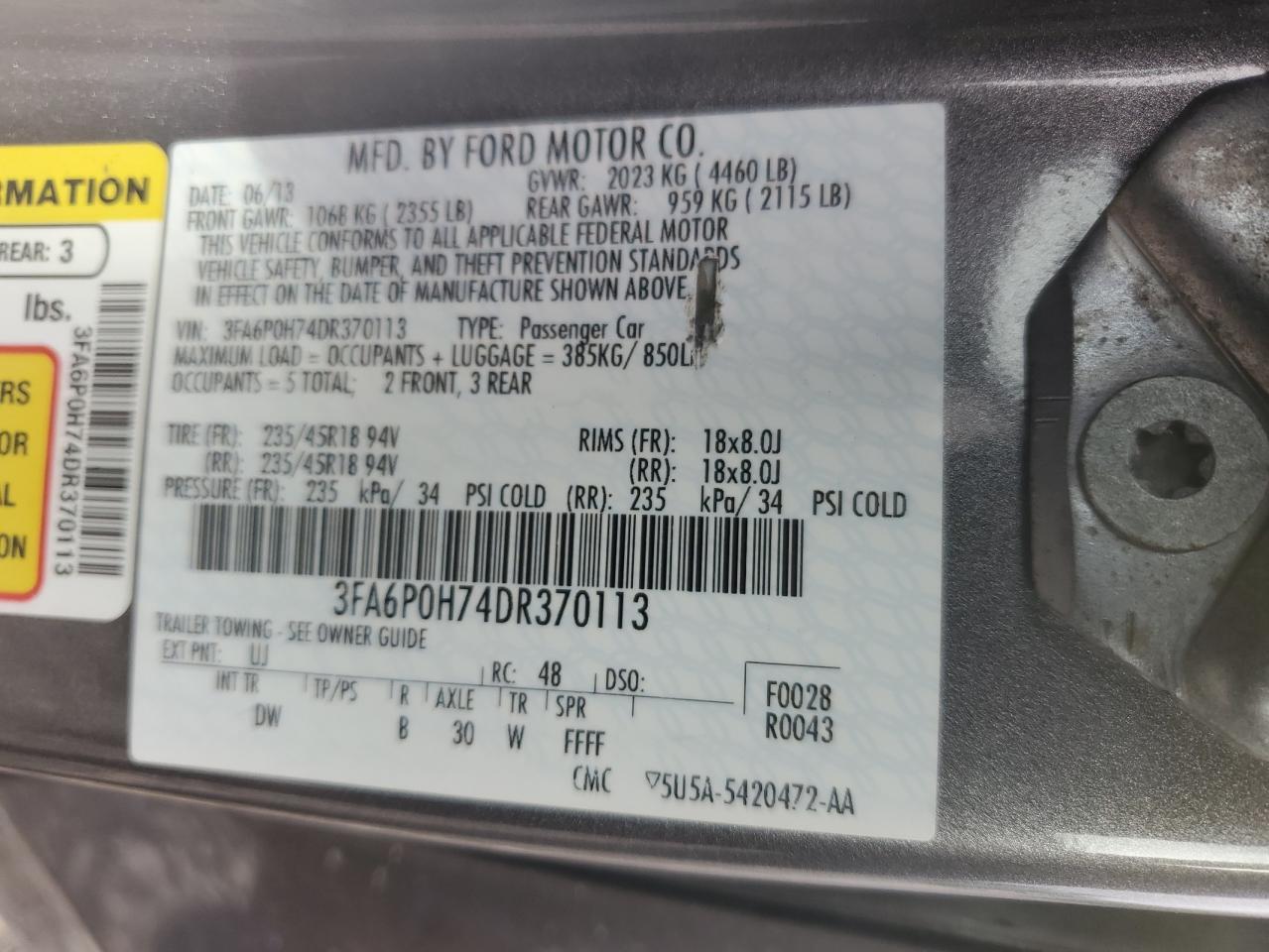 2013 Ford Fusion Se VIN: 3FA6P0H74DR370113 Lot: 54860635