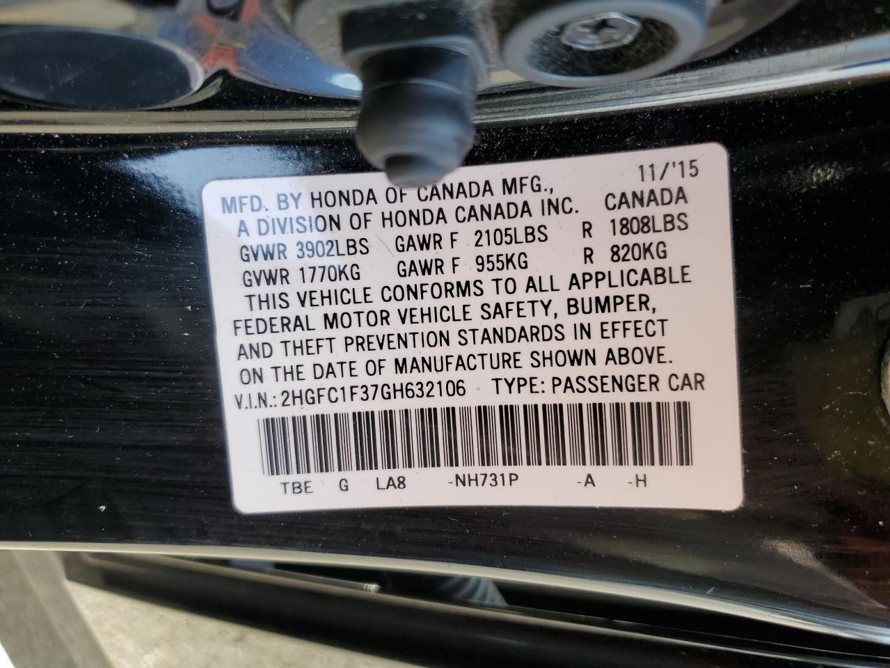2HGFC1F37GH632106 HONDA CIVIC 2016