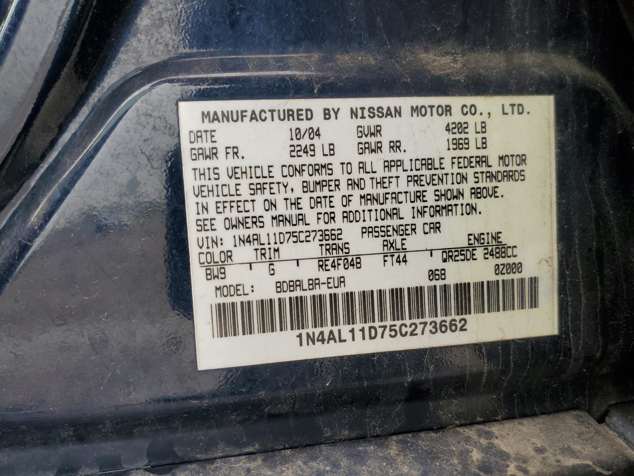 2005 Nissan Altima S VIN: 1N4AL11D75C273662 Lot: 54126235