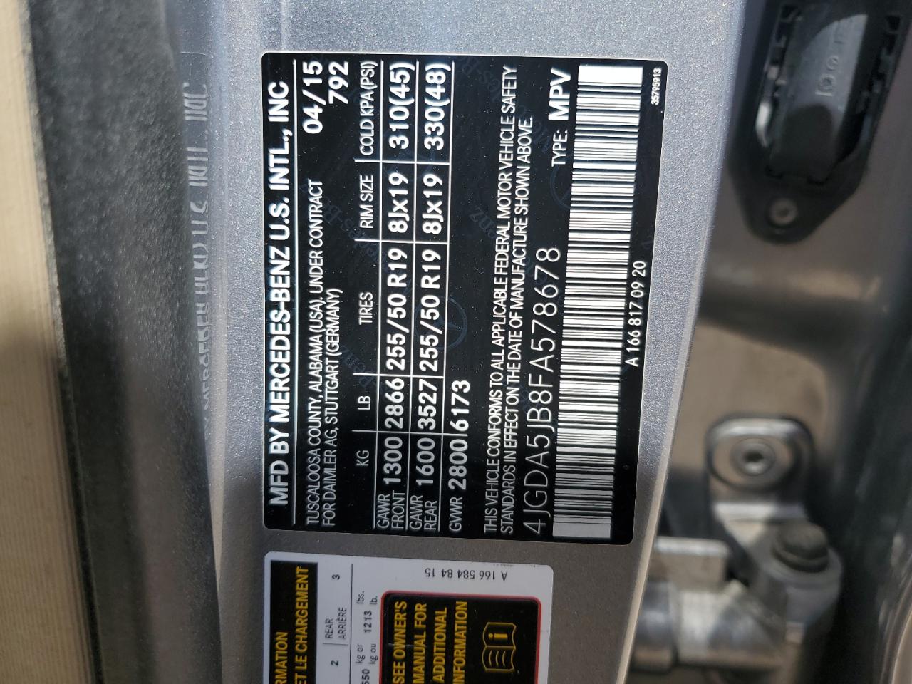 2015 Mercedes-Benz Ml 350 VIN: 4JGDA5JB8FA578678 Lot: 52737465