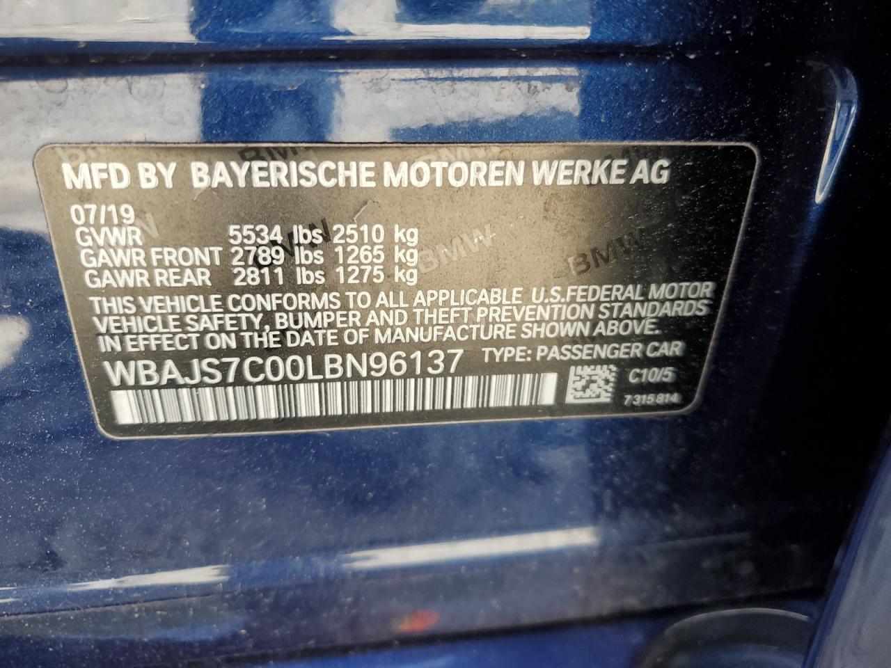2020 BMW M550Xi VIN: WBAJS7C00LBN96137 Lot: 52186855