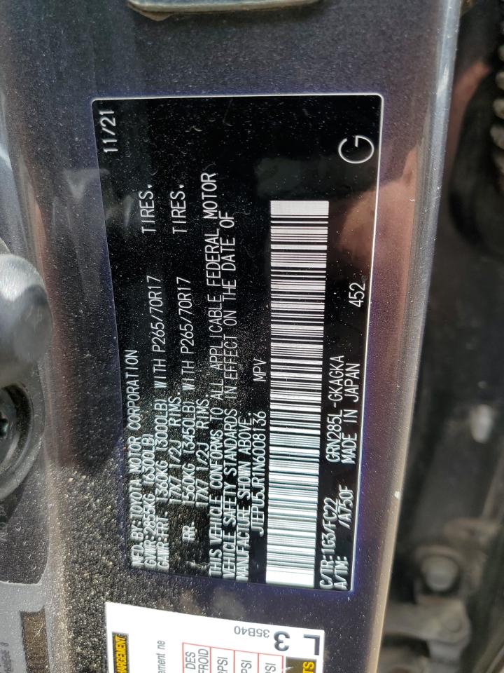 2022 Toyota 4Runner Sr5/Sr5 Premium VIN: JTEPU5JR1N6008136 Lot: 55226735