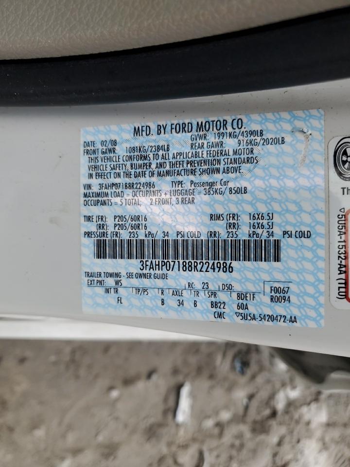 2008 Ford Fusion Se VIN: 3FAHP07188R224986 Lot: 52568305