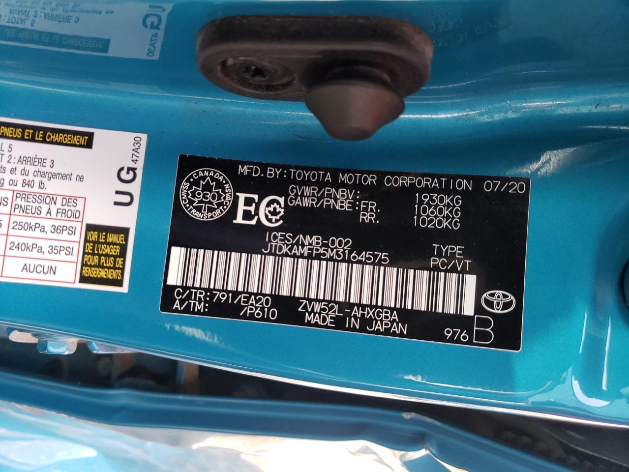 2021 Toyota Prius Prime Le VIN: JTDKAMFP5M3164575 Lot: 51466775