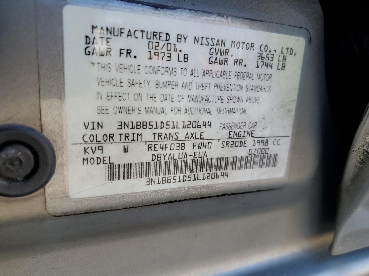 2001 Nissan Sentra Se VIN: 3N1BB51D51L120644 Lot: 53295745