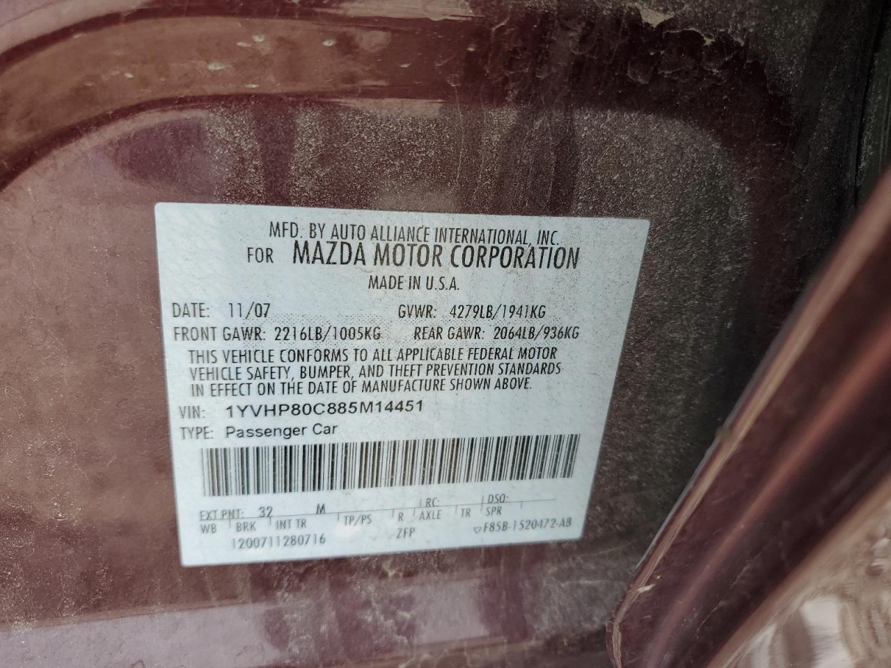 2008 Mazda 6 I VIN: 1YVHP80C885M14451 Lot: 54626295
