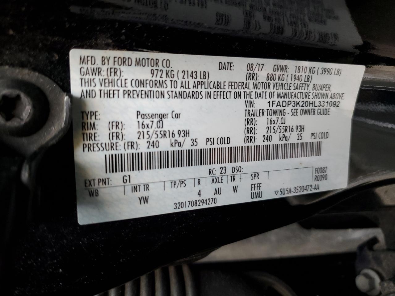 2017 Ford Focus Se VIN: 1FADP3K20HL331092 Lot: 55257345