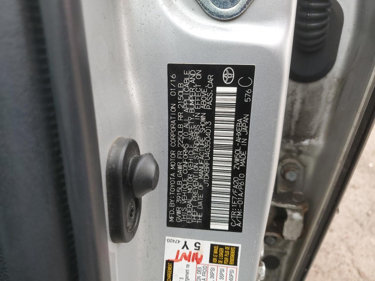 JTDKBRFU4G3504013 TOYOTA PRIUS 2016