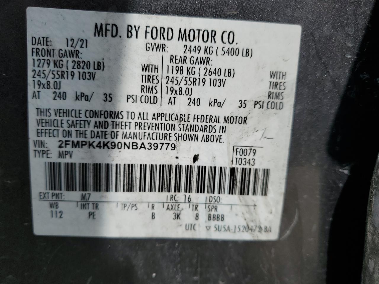 2FMPK4K90NBA39779 FORD EDGE 2022