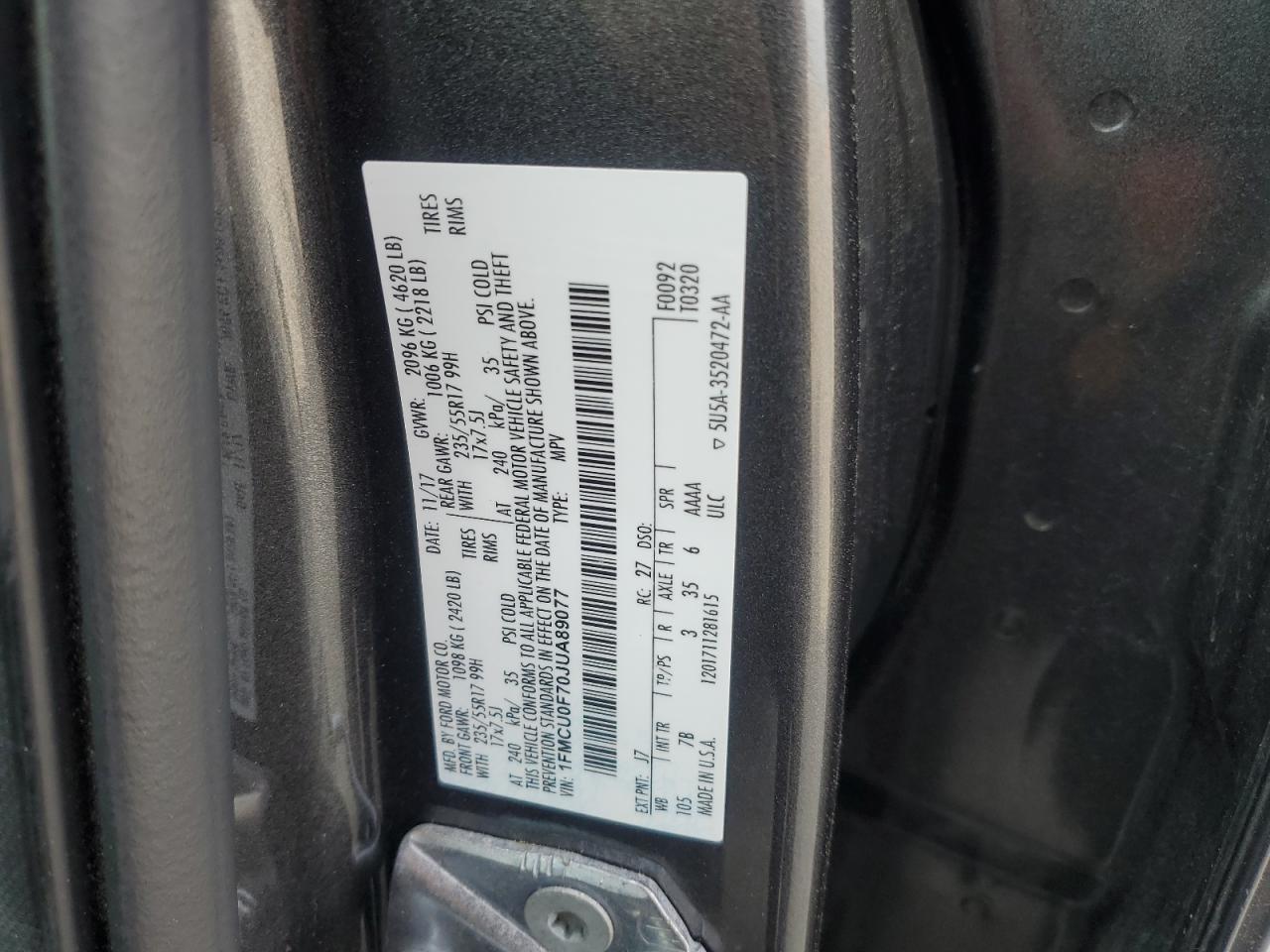 1FMCU0F70JUA89077 FORD ESCAPE 2018