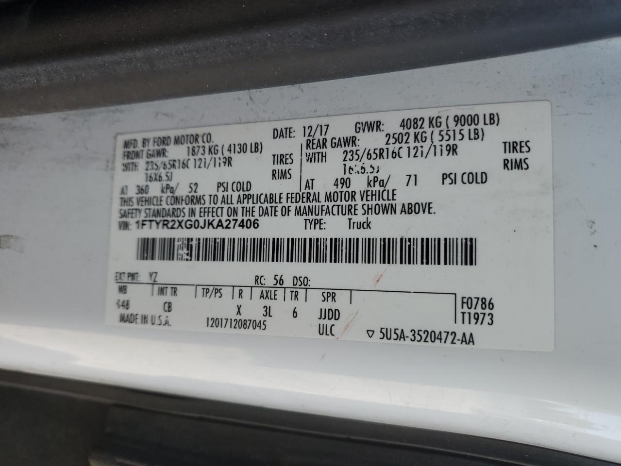 1FTYR2XG0JKA27406 FORD TRANSIT 2018
