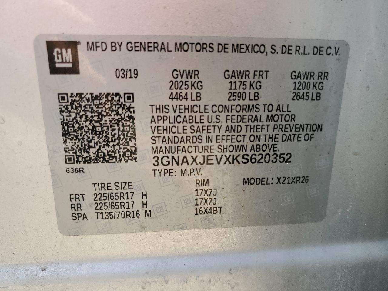 3GNAXJEVXKS620352 CHEVROLET EQUINOX 2019