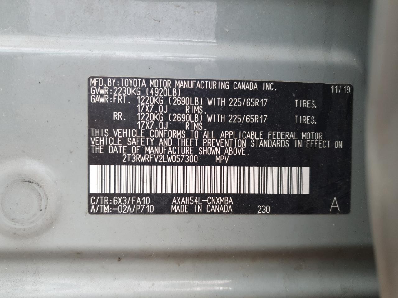 2020 Toyota Rav4 Xle VIN: 2T3RWRFV2LW057300 Lot: 54762655