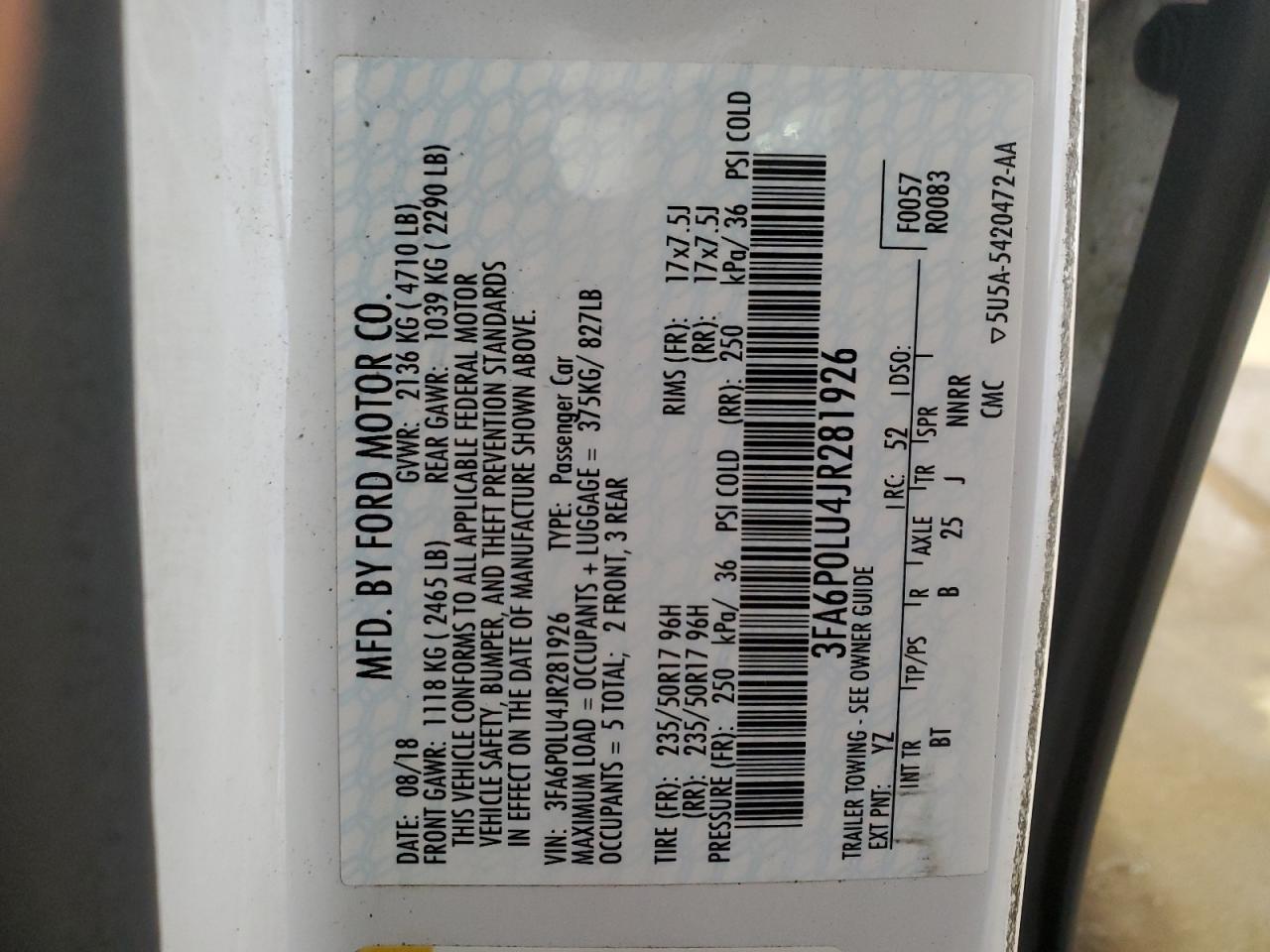 2018 Ford Fusion Se Hybrid VIN: 3FA6P0LU4JR281926 Lot: 54026575