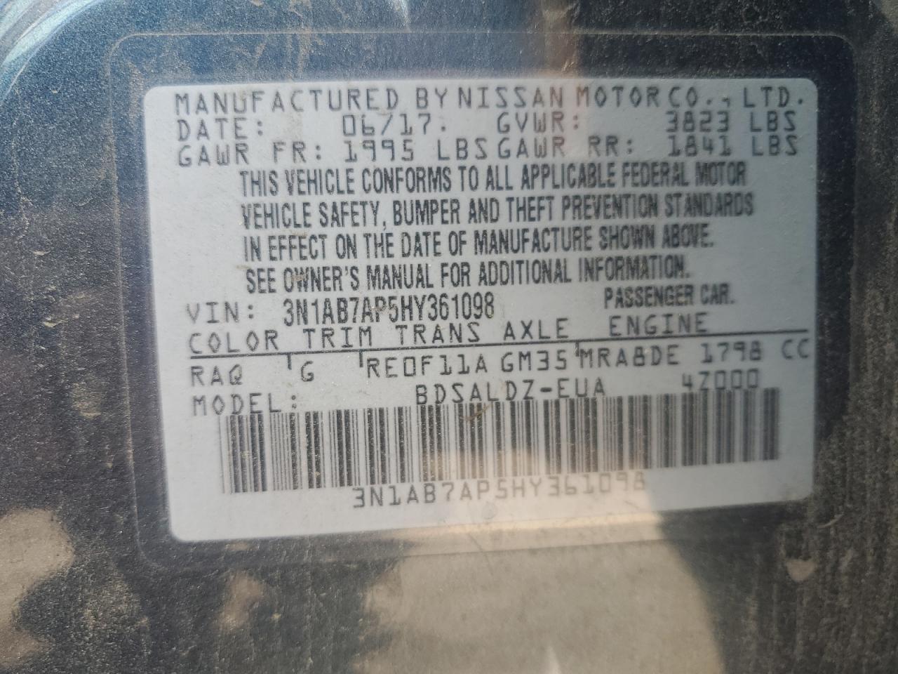 2017 Nissan Sentra S VIN: 3N1AB7AP5HY361098 Lot: 54537705