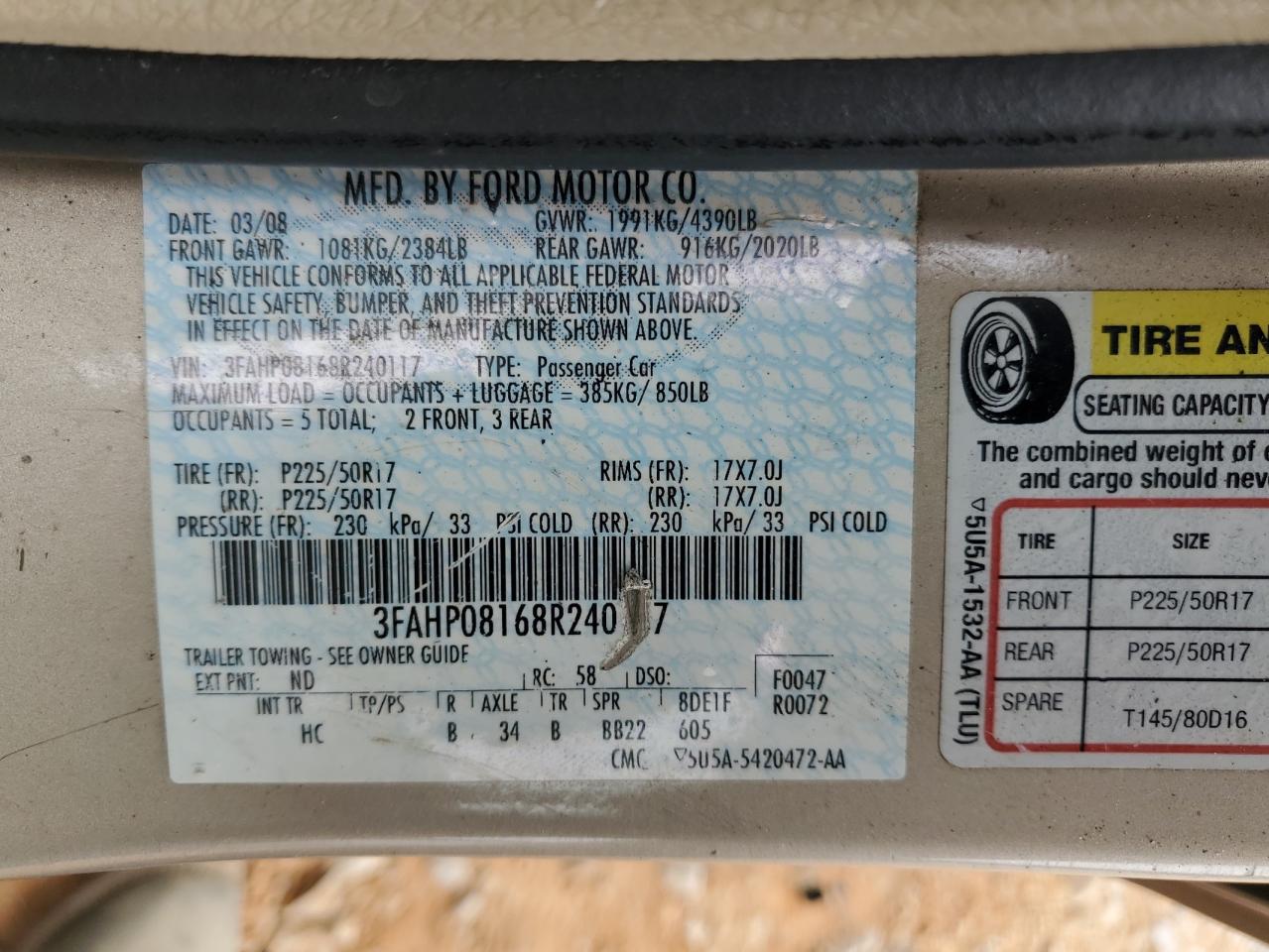 2008 Ford Fusion Sel VIN: 3FAHP08168R240117 Lot: 54148595