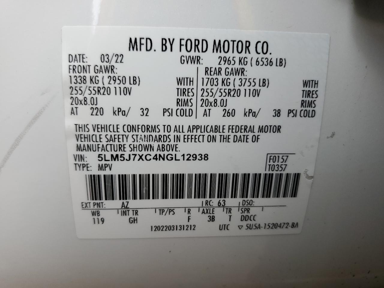 2022 Lincoln Aviator Reserve VIN: 5LM5J7XC4NGL12938 Lot: 51480365