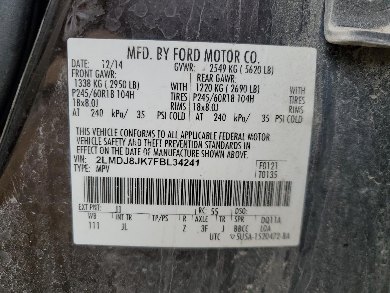 2015 Lincoln Mkx VIN: 2LMDJ8JK7FBL34241 Lot: 54382765