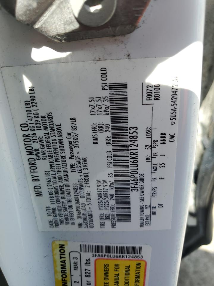 2019 Ford Fusion Se VIN: 3FA6P0LU6KR124853 Lot: 54024555