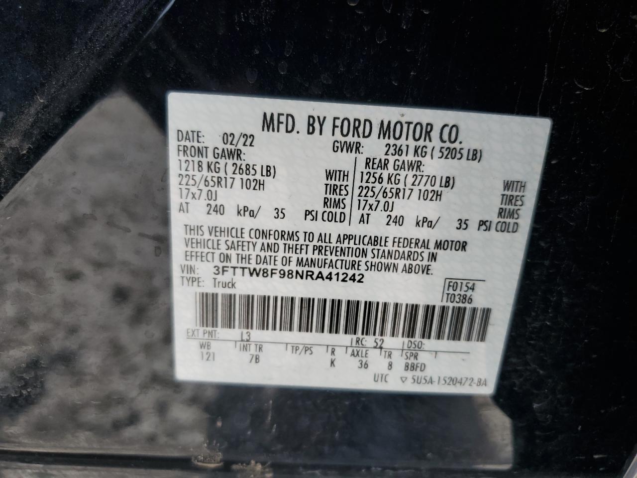 3FTTW8F98NRA41242 FORD MAVERICK 2022