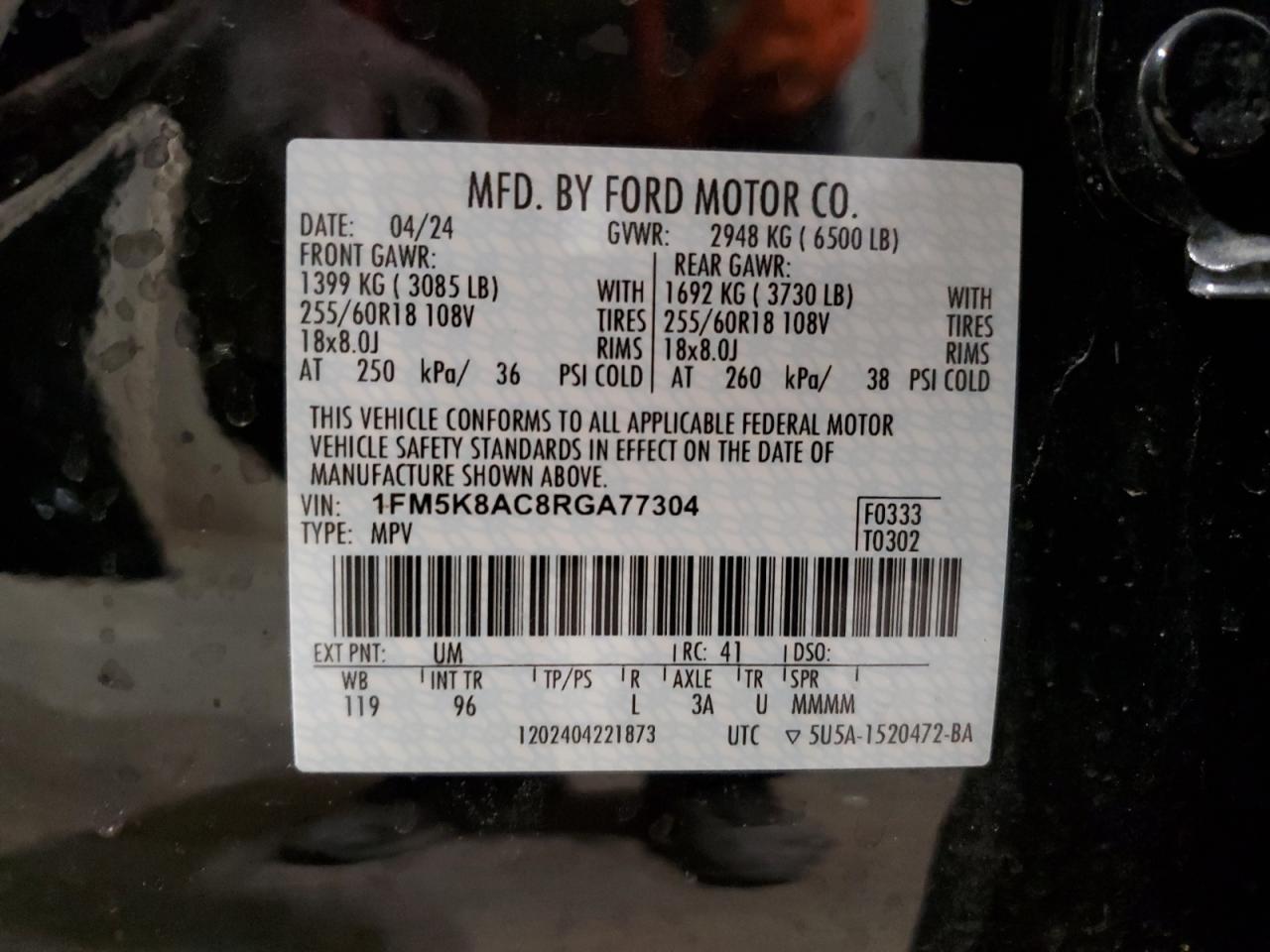 1FM5K8AC8RGA77304 FORD EXPLORER 2024