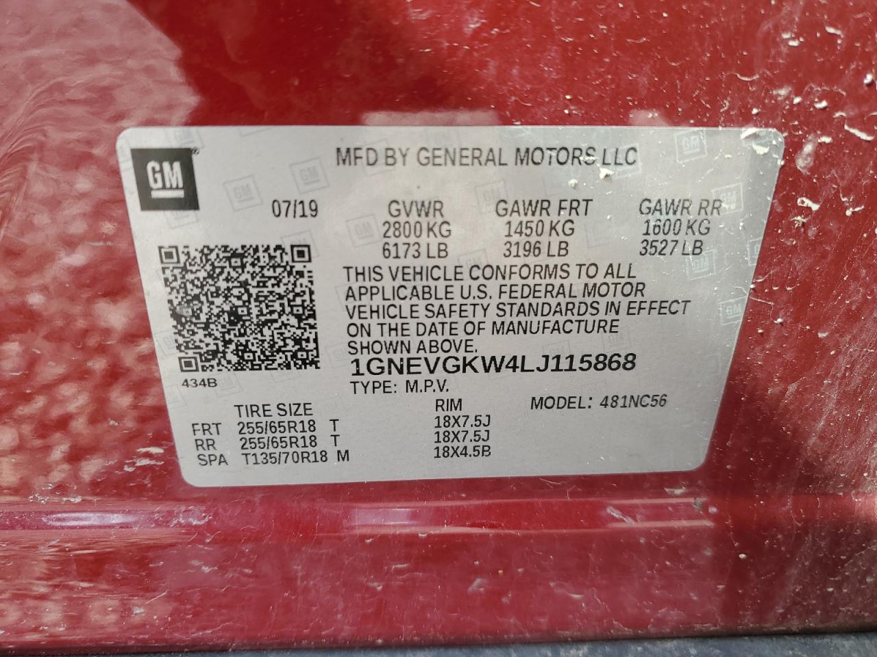 2020 Chevrolet Traverse Lt VIN: 1GNEVGKW4LJ115868 Lot: 54088885