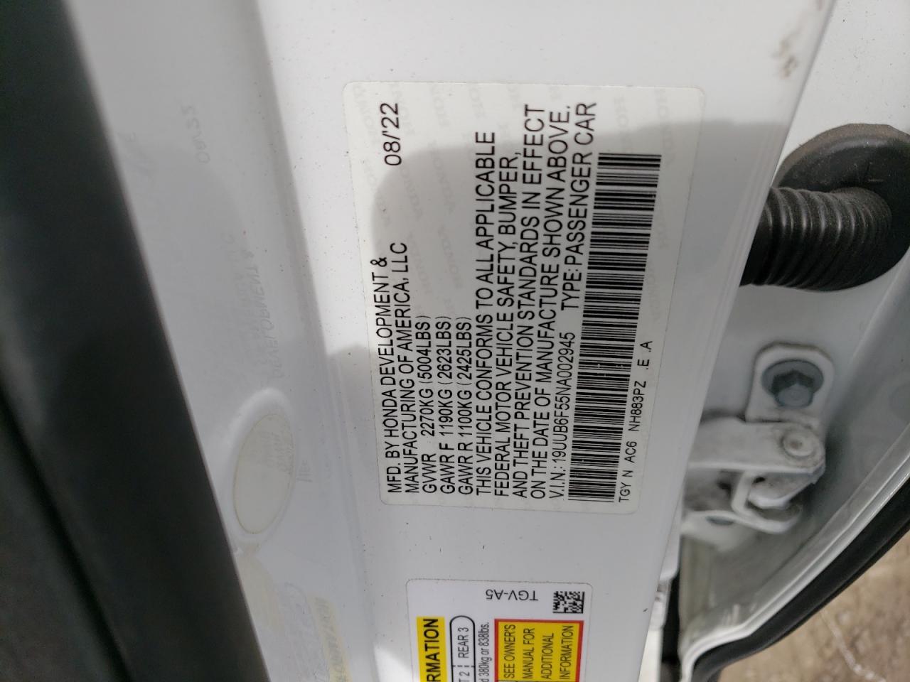 2022 Acura Tlx Tech A VIN: 19UUB6F55NA002945 Lot: 54334895