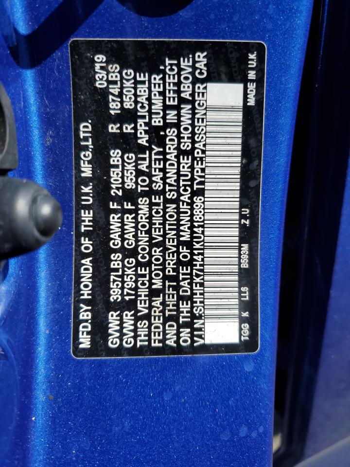 2019 Honda Civic Sport VIN: SHHFK7H41KU418896 Lot: 54720475
