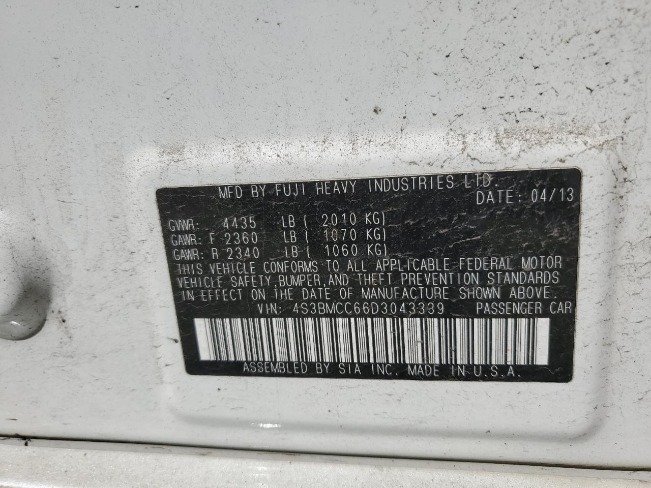 2013 Subaru Legacy 2.5I Premium VIN: 4S3BMCC66D3043339 Lot: 52155975
