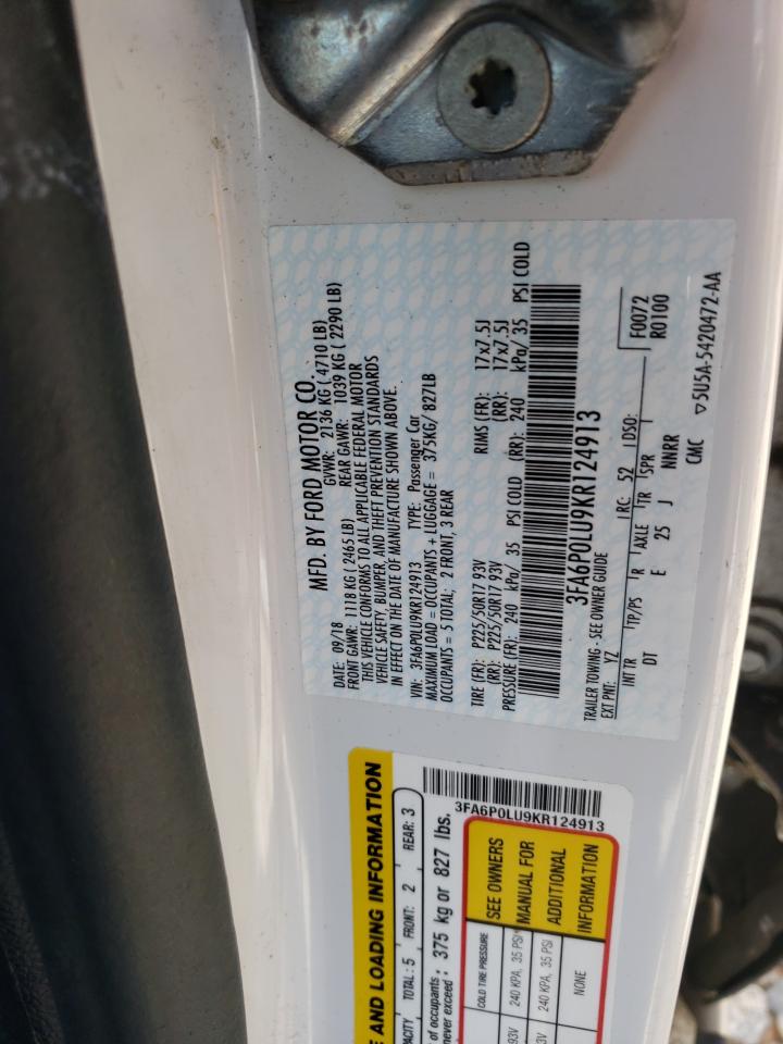 2019 Ford Fusion Se VIN: 3FA6P0LU9KR124913 Lot: 54146875