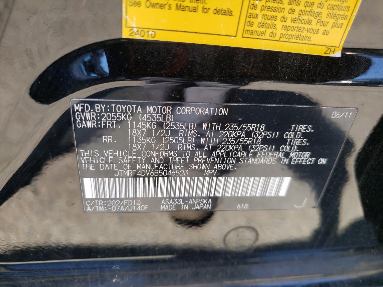 2011 Toyota Rav4 Sport VIN: JTMRF4DV6B5046523 Lot: 55163675