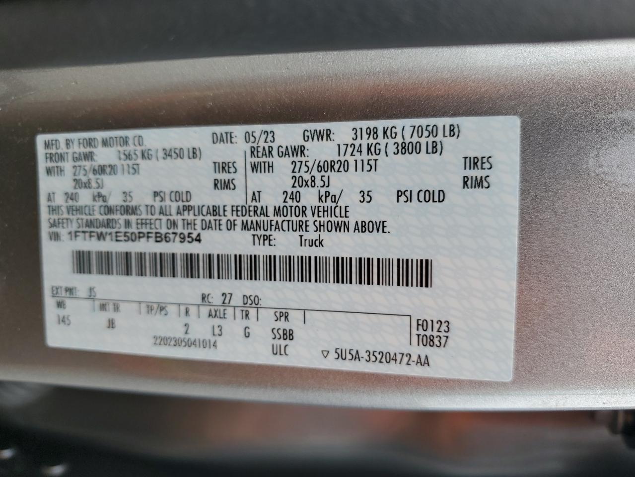 VIN: 1FTFW1E50PFB67954 2023 FORD F-150