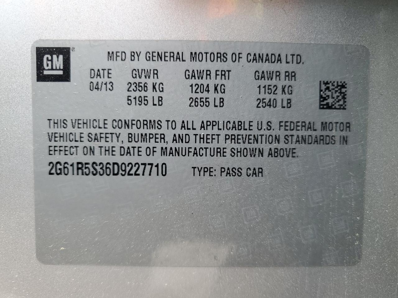 2013 Cadillac Xts Luxury Collection VIN: 2G61R5S36D9227710 Lot: 53826965