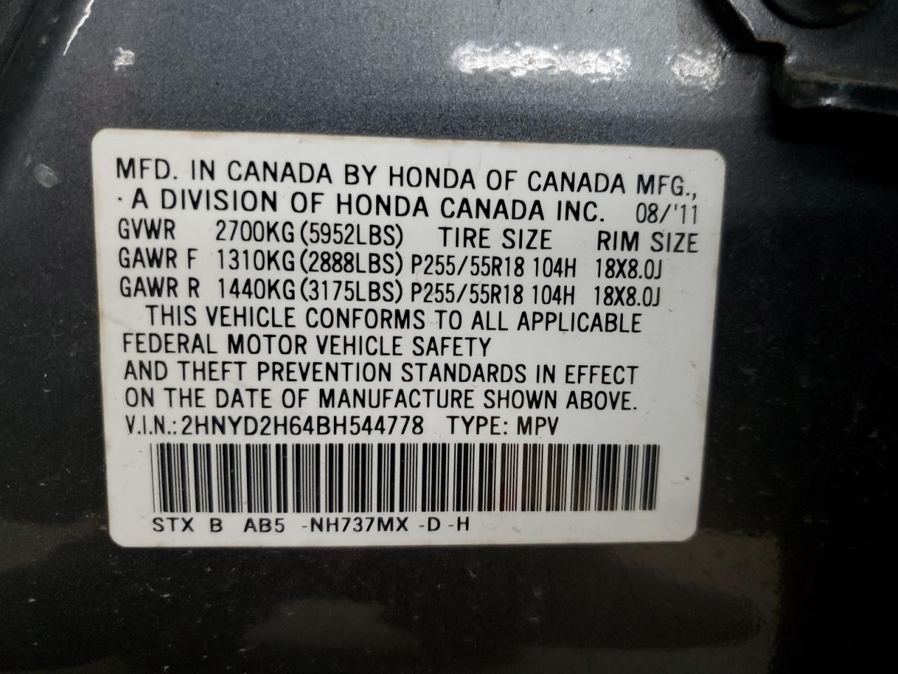 2011 Acura Mdx Technology VIN: 2HNYD2H64BH544778 Lot: 50987685