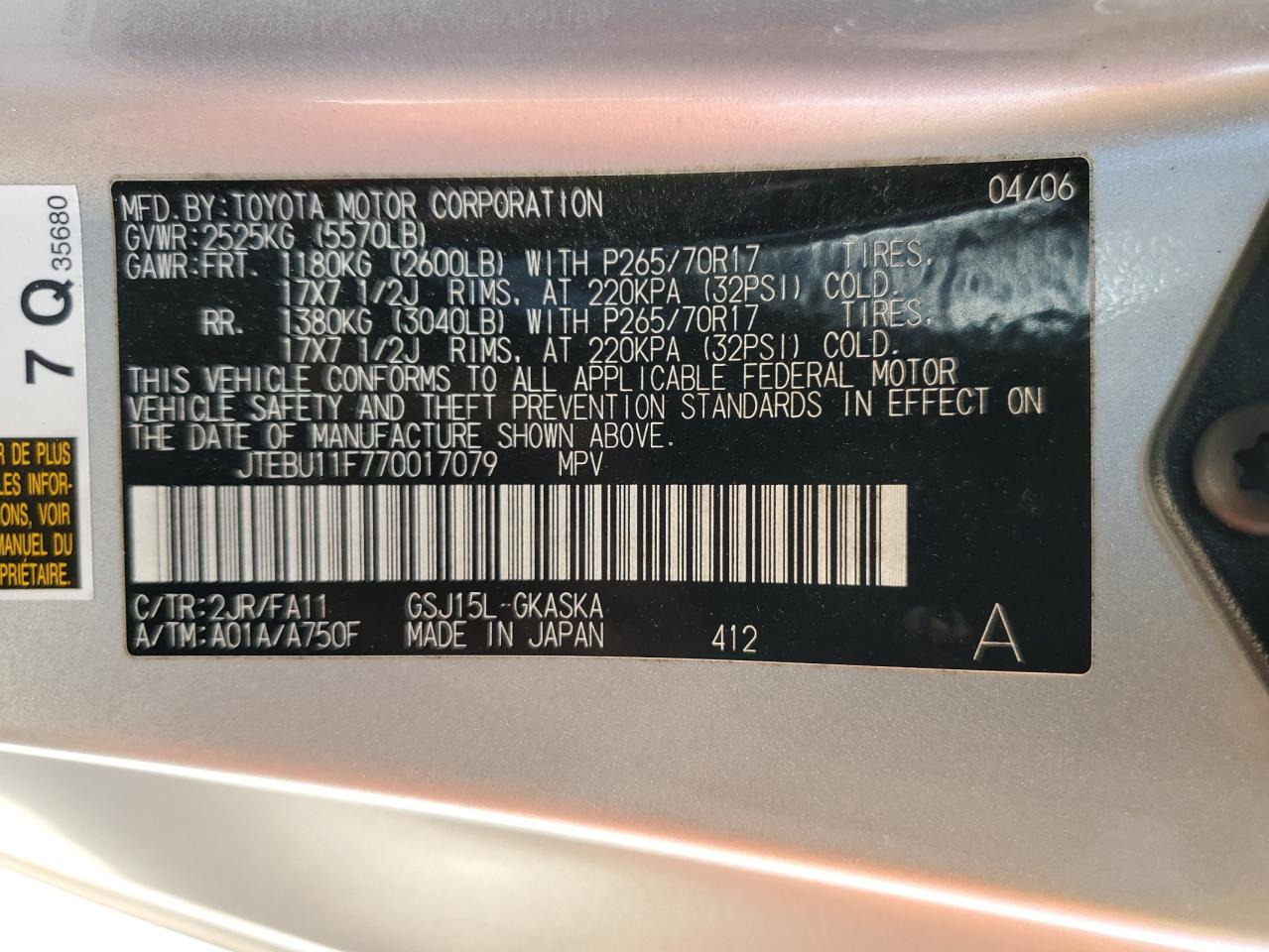 2007 Toyota Fj Cruiser VIN: JTEBU11F770017079 Lot: 53704055