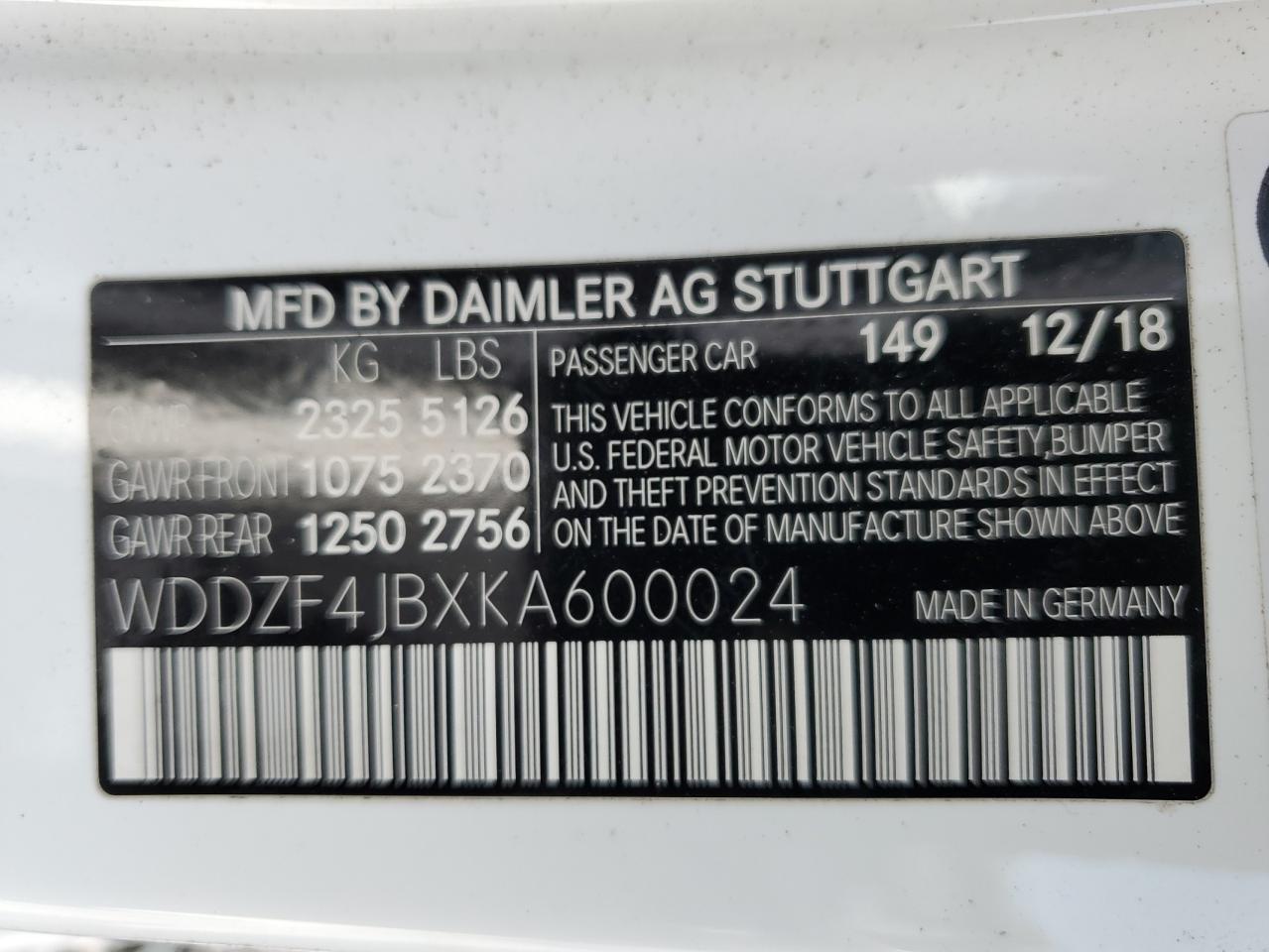 2019 Mercedes-Benz E 300 VIN: WDDZF4JBXKA600024 Lot: 54071845