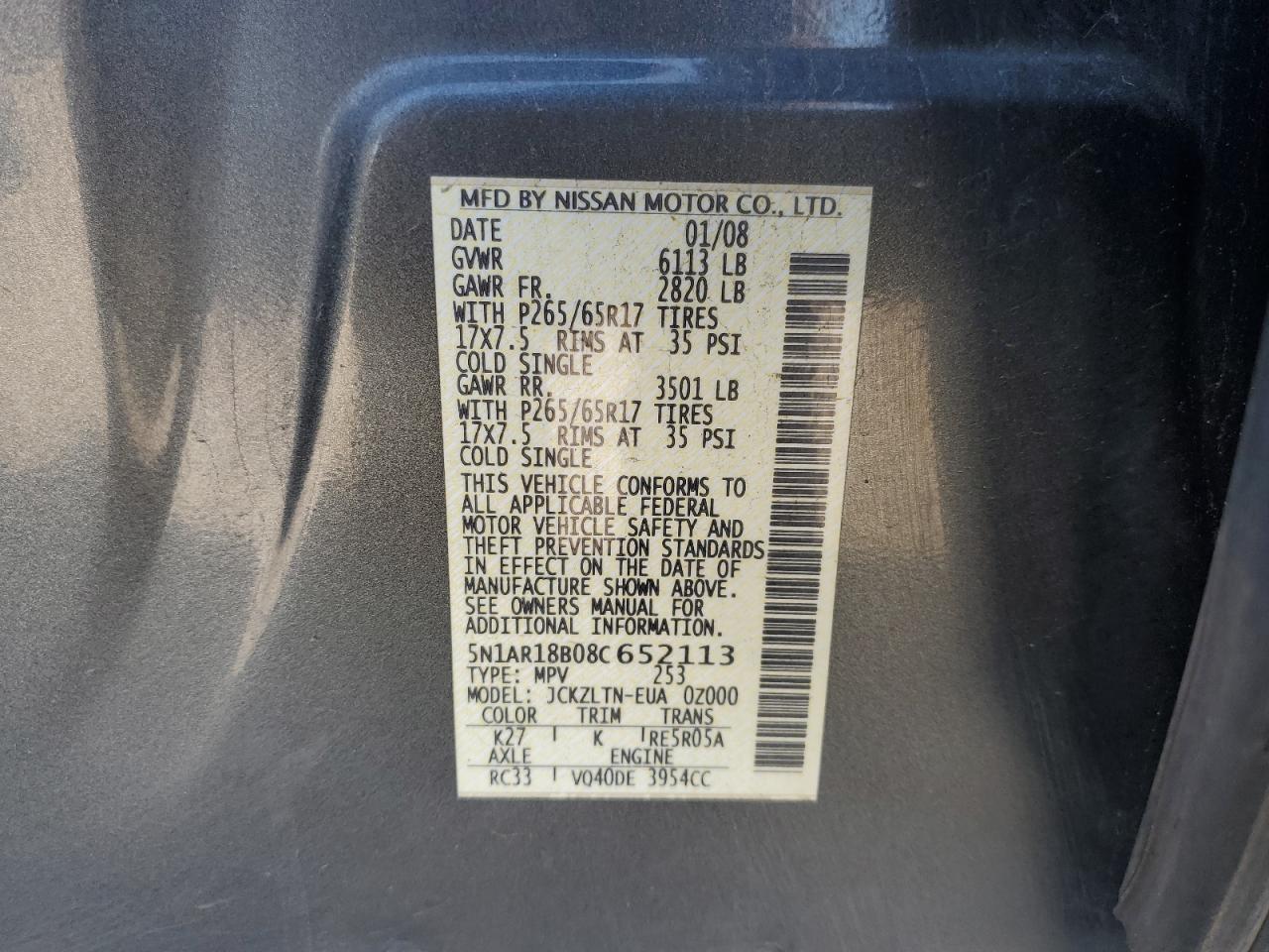 2008 Nissan Pathfinder S VIN: 5N1AR18B08C652113 Lot: 53815925
